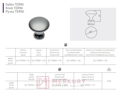 Gałka meblowa TERNI, fi 30mm MERKURY Akcesoria Meblowe Mariusz Adamczyk Gałka meblowa TERNI, fi 30mm MERKURY Akcesoria Meblowe Mariusz Adamczyk