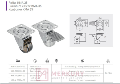 Kółko meblowe KM-A, fi 35mm, przezroczysty, z hamulcem merkury akcesoria meblowe sklep Kółko meblowe KM-A, fi 35mm, przezroczysty, z hamulcem merkury akcesoria meblowe sklep