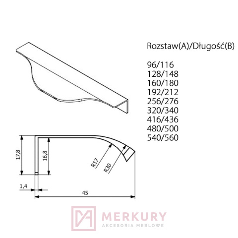 Uchwyt krawędziowy UA04, stal szczotkowana inox, sklep internetowy MERKURY Akcesoria Meblowe Mariusz Adamczyk