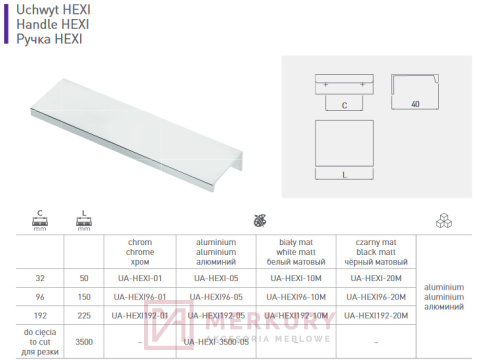 Uchwyt krawędziowy HEXI, aluminium mat, GTV, sklep intenetowy MERKURY Akcesoria Meblowe Mariusz Adamczyk