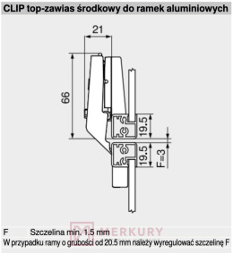 Zawias meblowy środkowy Clip-T BLUM 78Z550AT do wąskich ram aluminiowych, sklep internetowy MERKURY Akcesoria Meblowe