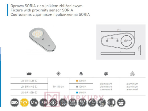 Oprawa meblowa LED SORIA z czujnikiem 1,4W 12V DC, zimny biały, aluminium mat sklep internetowy izdebnik Oprawa meblowa LED SORIA z czujnikiem 1,4W 12V DC, zimny biały, aluminium mat sklep internetowy izdebnik