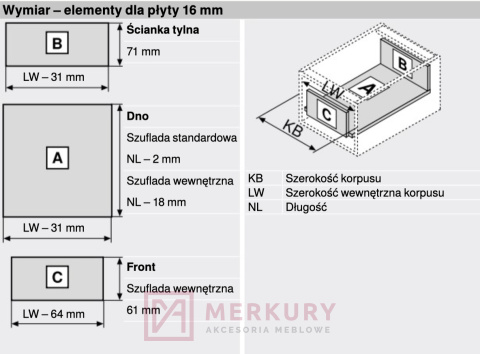 Szuflada METABOX BLUM 320M4500C15MX, H-86, szary, 450mm, 25kg SKLEP INTERNETOWY MERKURY AKCESORIA MEBLOWE MARIUSZ ADAMCZYK