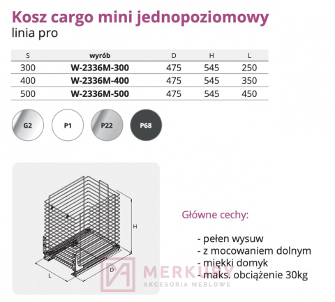 Kosz Cargo mini jednopoziomowy W-2336M, srebrny, 400mm, linia PRO SKLEP INTERNETOWY MERKURY AKCESORIA MEBLOWE MARIUSZ ADAMCZYK Kosz Cargo mini jednopoziomowy W-2336M, srebrny, 400mm, linia PRO SKLEP INTERNETOWY MERKURY AKCESORIA MEBLOWE MARIUSZ ADAMCZYK