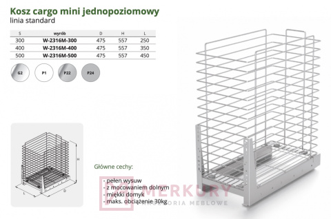 Kosz Cargo mini jednopoziomowy do bielizny W-2316M, srebrny, 600mm SKLEP INTERNETOWY MERKURY AKCESORIA MEBLOWE Kosz Cargo mini jednopoziomowy do bielizny W-2316M, srebrny, 600mm SKLEP INTERNETOWY MERKURY AKCESORIA MEBLOWE