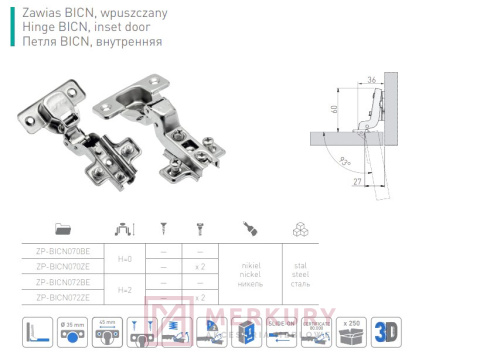 Zawias wpuszczany ZP-BICN070BE Zawias wpuszczany ZP-BICN070BE