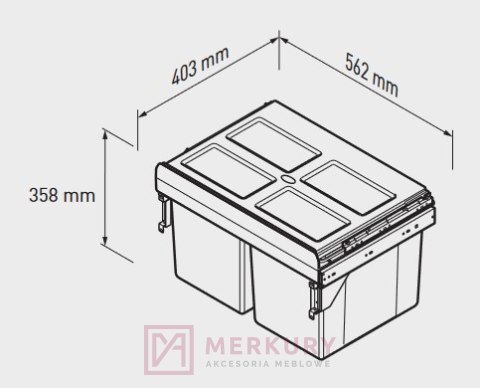 Segregator na śmieci wysuwany do szafki 60cm cichy domyk 2x27L antracyt MERKURY Akcesoria Meblowe