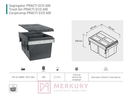 Segregator na śmieci wysuwany do szafki 60cm cichy domyk 2x27L antracyt MERKURY Akcesoria Meblowe