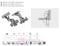 Zawias prosty wpuszczany mini ZP-CIBI70H0ZE eurowkręty prowadnik H=0 MERKURY Akcesoria Meblowe