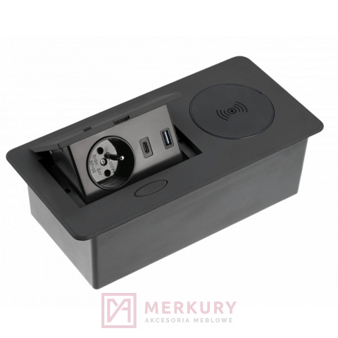 Przedłużacz biurkowy wpuszczany AVARO PLUS, 1 G, USB A C, ład. indukcyjna, czarny