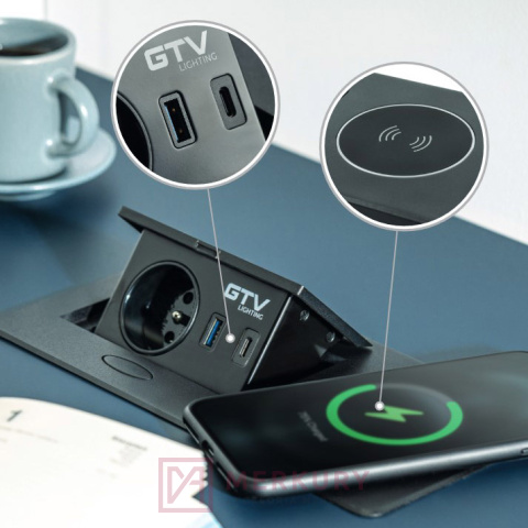 Przedłużacz biurkowy wpuszczany AVARO PLUS, 1 G, USB A C, ład. indukcyjna, czarny Przedłużacz biurkowy wpuszczany AVARO PLUS, 1 G, USB A C, ład. indukcyjna, czarny
