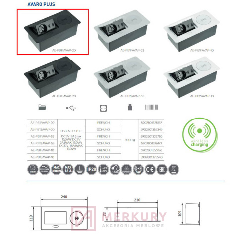 Przedłużacz biurkowy wpuszczany AVARO PLUS, 1 G, USB A C, ład. indukcyjna, czarny Przedłużacz biurkowy wpuszczany AVARO PLUS, 1 G, USB A C, ład. indukcyjna, czarny