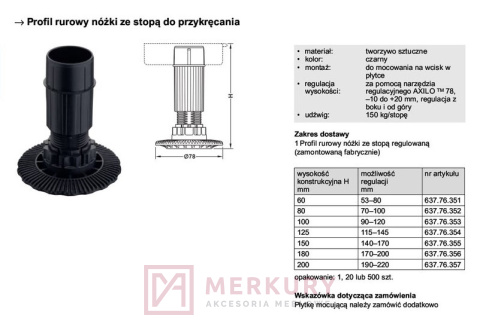Nóżka regulowana HAFELE AXILO H-100mm, komplet profil 637.76.353 + płytka 637.76.333 MERKURY Akcesoria Meblowe Nóżka regulowana HAFELE AXILO H-100mm, komplet profil 637.76.353 + płytka 637.76.333 MERKURY Akcesoria Meblowe