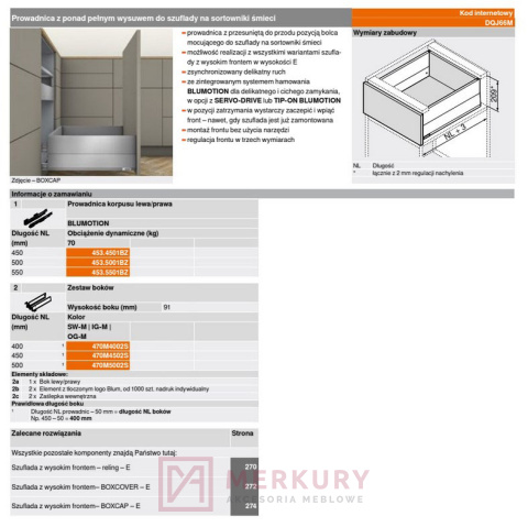 Prowadnica MERIVOBOX BLUMOTION 453.500BZ 70kg ponad pełen wysuw MERKURY Akcesoria Meblowe Prowadnica MERIVOBOX BLUMOTION 453.500BZ 70kg ponad pełen wysuw MERKURY Akcesoria Meblowe