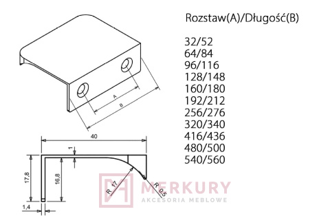 Uchwyt krawędziowy UA06 stal szczotkowana inox 256/276mm MERKURY Akcesoria Meblowe Uchwyt krawędziowy UA06 stal szczotkowana inox 256/276mm MERKURY Akcesoria Meblowe