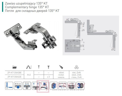 2x Zawias kątowy uzupełniający 135⁰ P-KT135H2BE 2x Zawias kątowy uzupełniający 135⁰ P-KT135H2BE