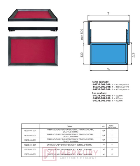 Dno szuflady do garderoby 16238.003.001 grafit L-900mm MERKURY Akcesoria Meblowe Dno szuflady do garderoby 16238.003.001 grafit L-900mm MERKURY Akcesoria Meblowe