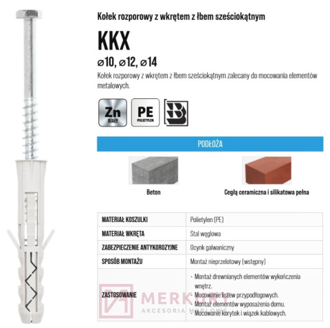 Kołek rozporowy z łebem sześciokątnym 12x70mm MERKURY Akcesoria Meblowe