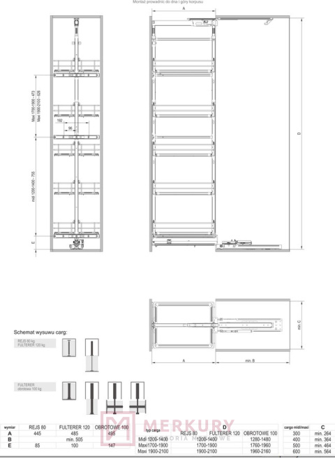 Kosz Cargo Maxi MAXIMA 6-poziomowy srebrny mocowanie dolne H-1900-2100 400mm MERKURY Akcesoria Meblowe Kosz Cargo Maxi MAXIMA 6-poziomowy srebrny mocowanie dolne H-1900-2100 400mm MERKURY Akcesoria Meblowe