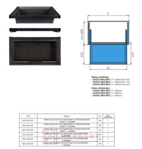 Kosz rattanowy do szuflady garderoby 16241.002.001 L-800mm MERKURY Akcesoria Meblowe