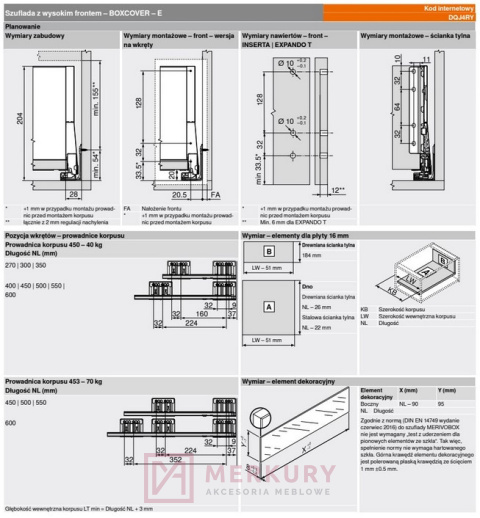 Szuflada wysoka z boxcover E MERIVOBOX 450mm MERKURY Akcesoria Meblowe Szuflada wysoka z boxcover E MERIVOBOX 450mm MERKURY Akcesoria Meblowe