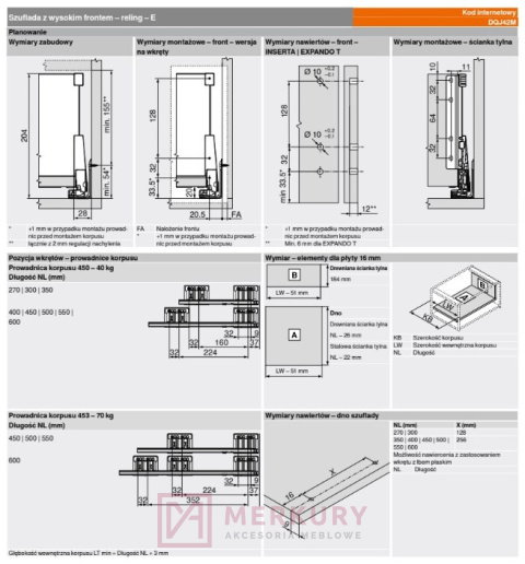 Szuflada wysoka z relingiem E MERIVOBOX 450mm antracyt MERKURY Akcesoria Meblowe Szuflada wysoka z relingiem E MERIVOBOX 450mm antracyt MERKURY Akcesoria Meblowe