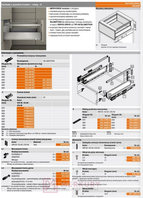 Szuflada wysoka z religiem E 500mm antracyt MERIVOBOX MERKURY Akcesoria Meblowe