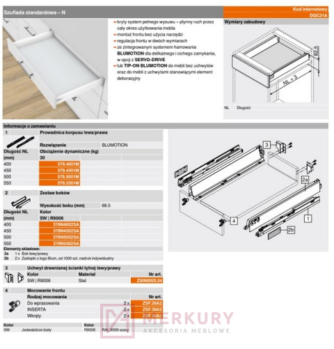 Szuflada TANDEMBOX ANTARO 450mm niska N szara MERKURY Akcesoria Meblowe Szuflada TANDEMBOX ANTARO 450mm niska N szara MERKURY Akcesoria Meblowe