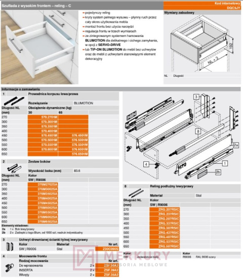 Szuflada TANDEMBOX ANTARO wysoka z relingiem C 450mm szara MERKURY Akcesoria Meblowe Szuflada TANDEMBOX ANTARO wysoka z relingiem C 450mm szara MERKURY Akcesoria Meblowe
