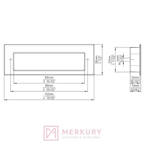 Uchwyt meblowy wpuszczany 2382, złoty, 96mm Uchwyt meblowy wpuszczany 2382, złoty, 96mm