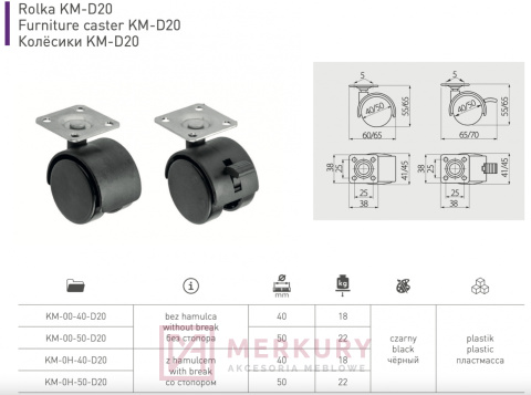 Kółko meblowe KM-D20, fi 40mm, czarny, z hamulcem, GTV, sklep internetowy MERKURY Akcesoria Meblowe Mariusz Adamczyk Kółko meblowe KM-D20, fi 40mm, czarny, z hamulcem, GTV, sklep internetowy MERKURY Akcesoria Meblowe Mariusz Adamczyk