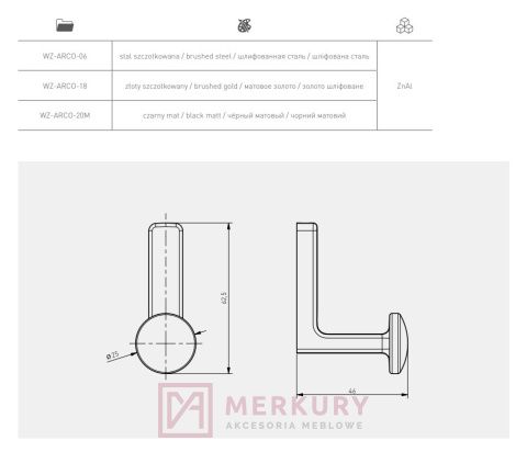 Wieszak meblowy GTV ARCO czarny mat MERKURY Akcesoria Meblowe