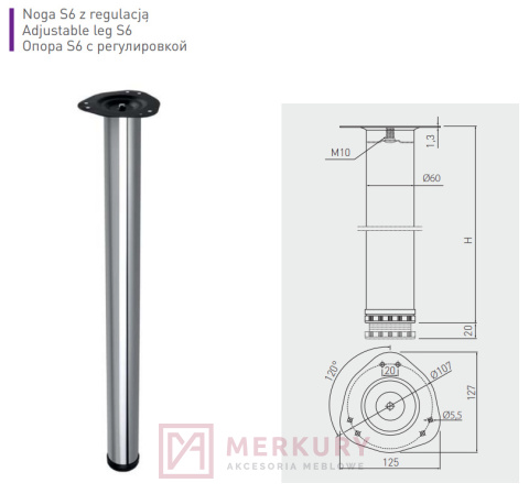 Noga stołowa regulowana fi 60mm stal szczotkowana inox H-710mm MERKURY Akcesoria Meblowe