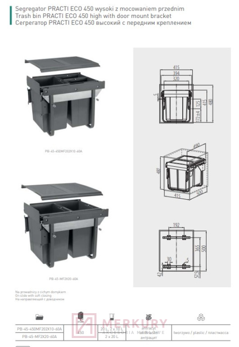 Segregator na śmieci wysuwany, do szafki 45cm, cichy domyk, 2x20L, antracyt SKLEP INTERNETOWY MERKURY AKCESORIA MEBLOWE Segregator na śmieci wysuwany, do szafki 45cm, cichy domyk, 2x20L, antracyt SKLEP INTERNETOWY MERKURY AKCESORIA MEBLOWE