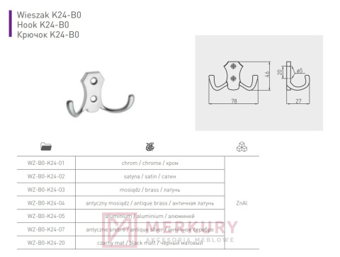 WIeszak meblowy K24 czarny mat MERKURY Akcesoria Meblowe WIeszak meblowy K24 czarny mat MERKURY Akcesoria Meblowe