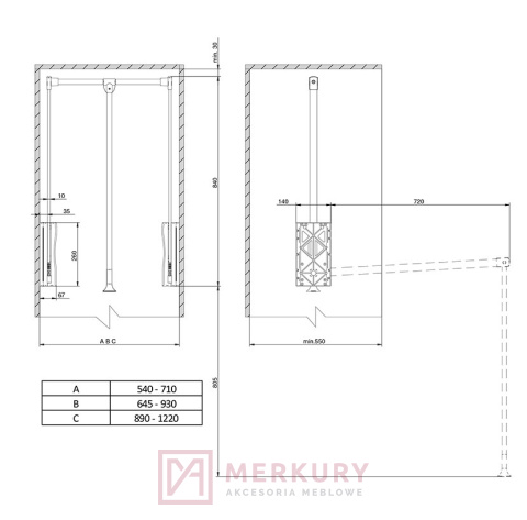 Pantograf LIFTER Basic drążek do szaf opuszczany 64,5-93cm biały MERKURY Akcesoria Meblowe