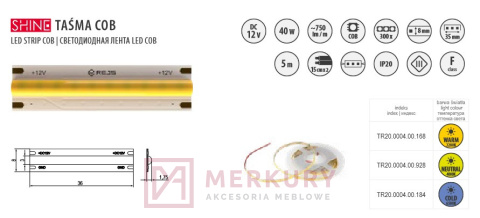 Taśma SHINE LED COB 8mm 8W/m neutralny biały MERKURY Akcesoria Meblowe