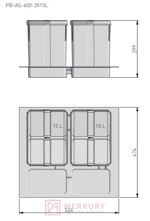 Kosz do segregacji AXISPACE do szafki 60cm, 2x15L, antracyt MERKURY Akcesoria Meblowe Kosz do segregacji AXISPACE do szafki 60cm, 2x15L, antracyt MERKURY Akcesoria Meblowe