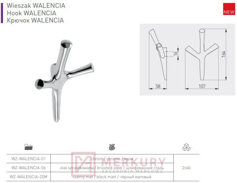 Wieszak meblowy WALENCIA, 20M czarny mat, GTV, sklep internetowy MERKURY Akcesoria Meblowe Mariusz Adamczyk