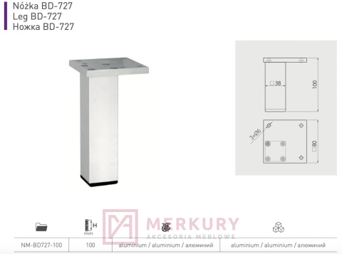 Nóżka meblowa BD-727, kwadratowa 38x38mm, aluminium mat, GTV, sklep internetowy MERKURY Akcesoria Meblowe Mariusz Adamczyk Nóżka meblowa BD-727, kwadratowa 38x38mm, aluminium mat, GTV, sklep internetowy MERKURY Akcesoria Meblowe Mariusz Adamczyk