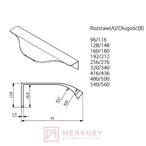 Uchwyt krawędziowy UA04, chrom połysk, sklep internetowy MERKURY Akcesoria Meblowe Mariusz Adamczyk